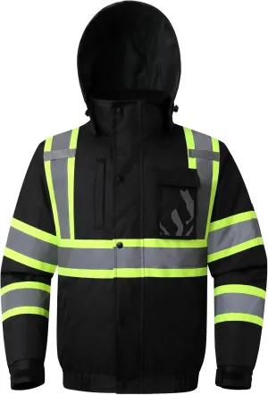 Hi Vis Safety Jacket for Men Women Waterproof Reflective High Visibility Winter Bomber Construction Work Jacket for Men with Pockets(KZJ-Black-3XL)