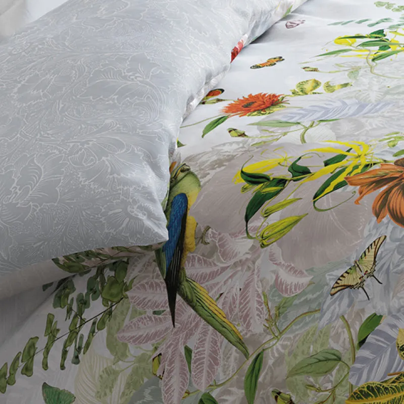 Housse de couette   taie(s) d'oreiller satin de coton - Jardin d'hiver gris perle