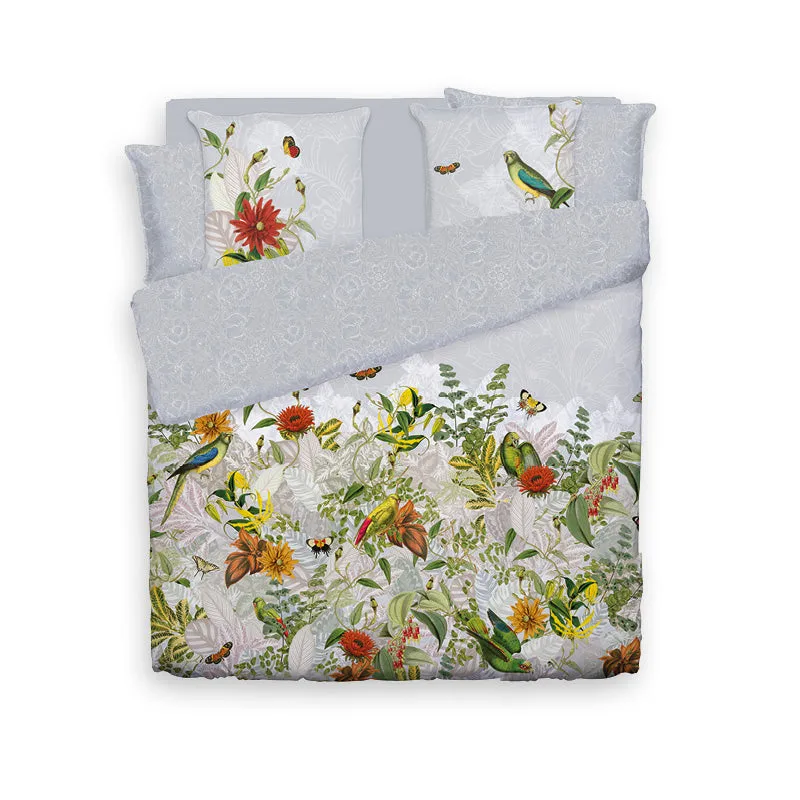 Housse de couette   taie(s) d'oreiller satin de coton - Jardin d'hiver gris perle