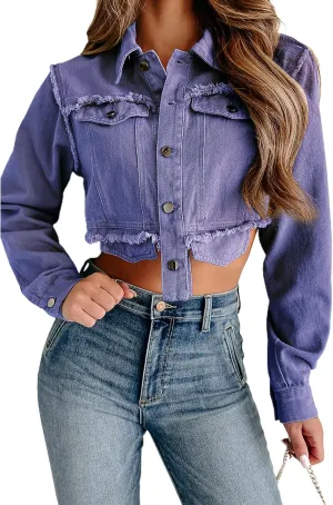 JYAOVO Women's Jean Jacket Long Sleeve Button Up Frayed Cropped Denim Jacket Irregular Hem Short Jacket