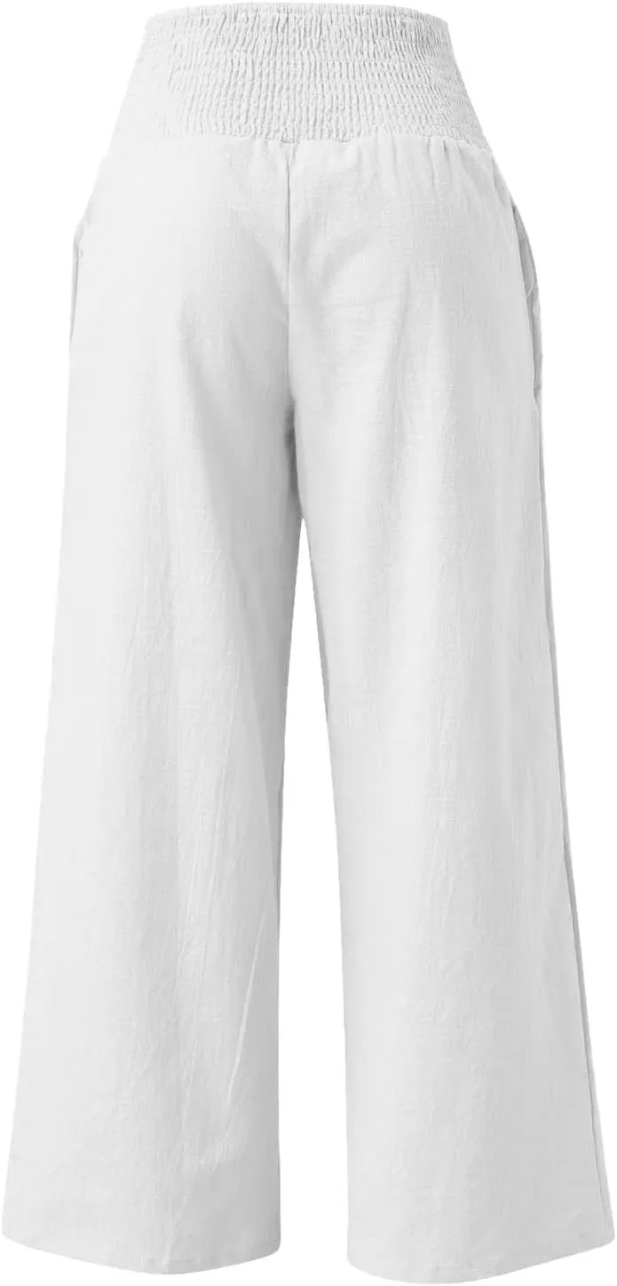 Khaki Linen Pants Women Wide Leg Flowy Breathable Friends' Gathering Beach Pants Spring Themed Party Casual Trousers