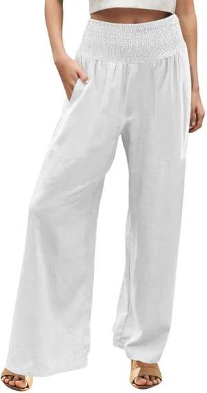 Khaki Linen Pants Women Wide Leg Flowy Breathable Friends' Gathering Beach Pants Spring Themed Party Casual Trousers