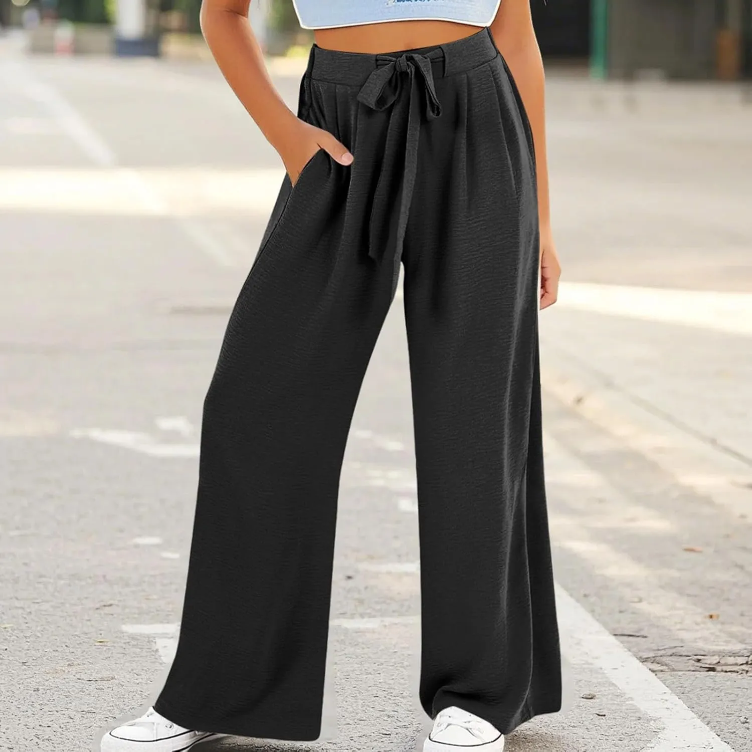 Kids Girls Baggy Palazzo Pants Loose Wide Leg Straight Drawsting High Waist Trousers Daily Lightweight Trendy Pants