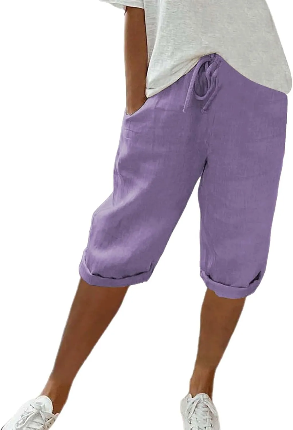 Linen Capri Pants for Women Elastic Waist Pants High Waist Drawstring Casual Pant Lightweight Loose Trousers with Pockets