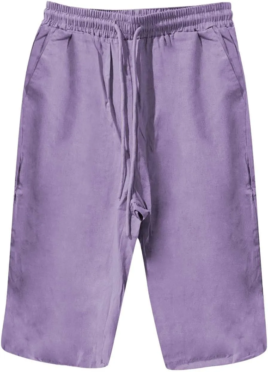 Linen Capri Pants for Women Elastic Waist Pants High Waist Drawstring Casual Pant Lightweight Loose Trousers with Pockets