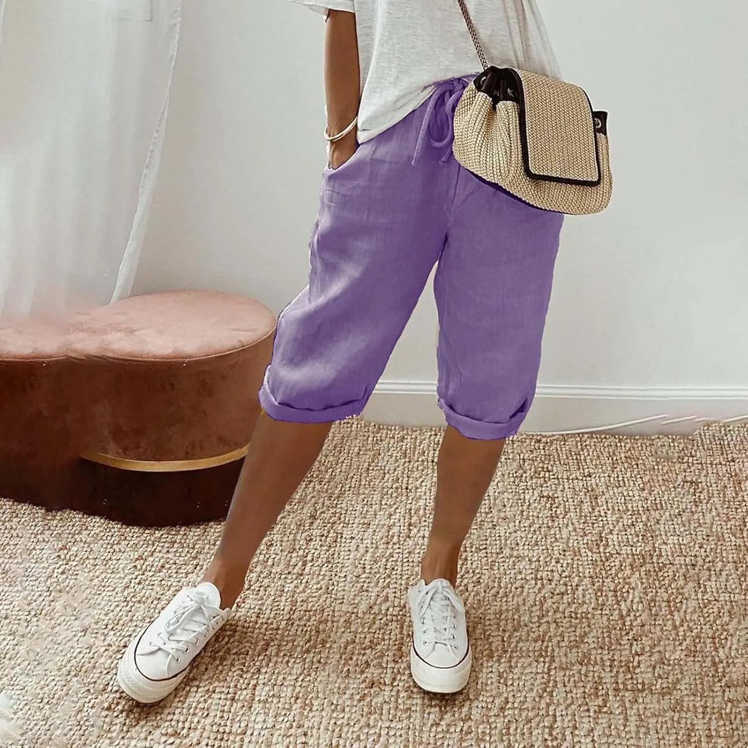 Linen Capri Pants for Women Elastic Waist Pants High Waist Drawstring Casual Pant Lightweight Loose Trousers with Pockets