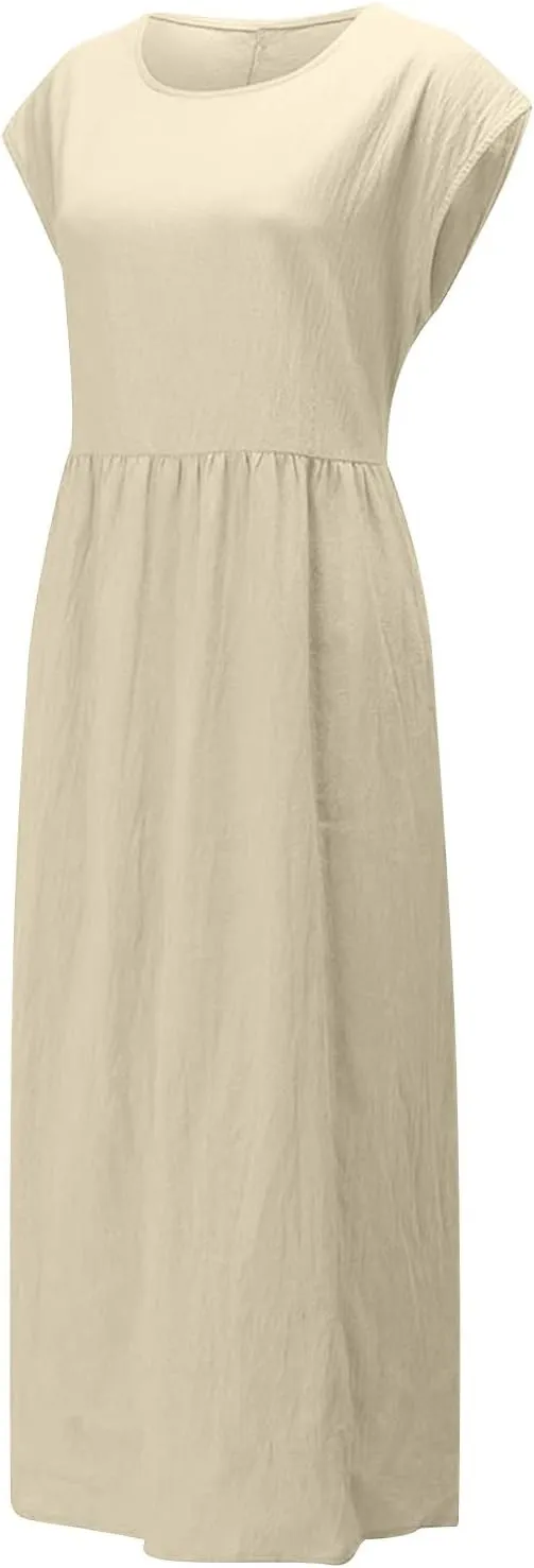 Linen Dress Womens Summer Cap Sleeve Maxi Dress Solid Casual Baggy Flowy Long Dresses Sundres Sundresses with Pockets