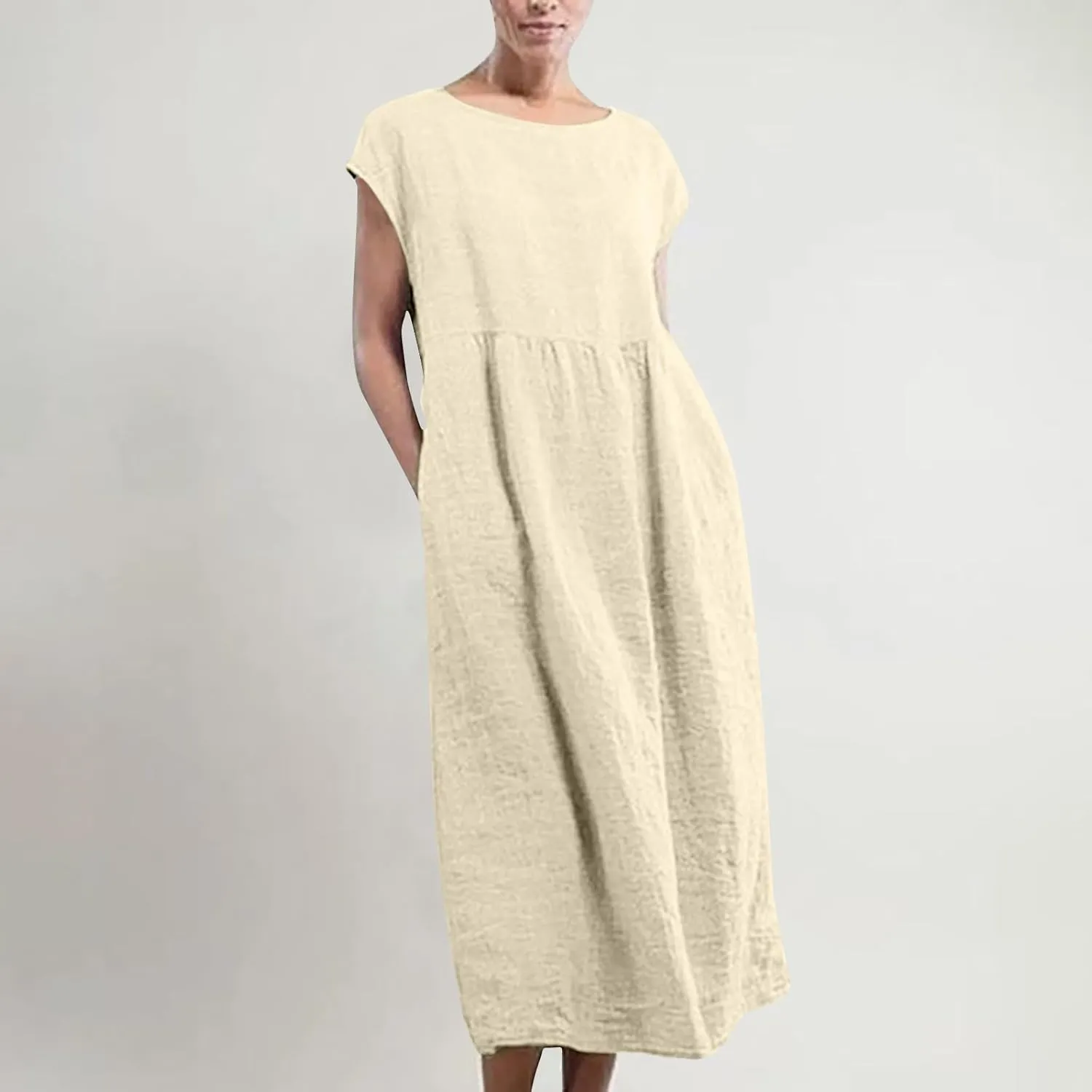 Linen Dress Womens Summer Cap Sleeve Maxi Dress Solid Casual Baggy Flowy Long Dresses Sundres Sundresses with Pockets