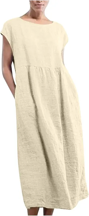 Linen Dress Womens Summer Cap Sleeve Maxi Dress Solid Casual Baggy Flowy Long Dresses Sundres Sundresses with Pockets