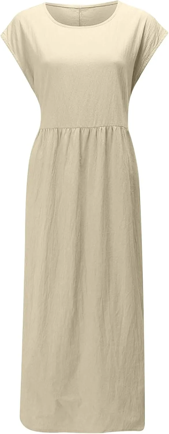 Linen Dress Womens Summer Cap Sleeve Maxi Dress Solid Casual Baggy Flowy Long Dresses Sundres Sundresses with Pockets