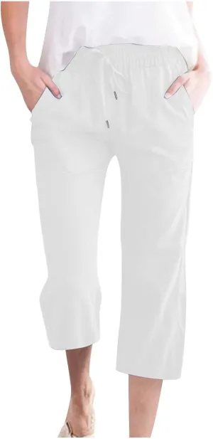 Linen Pants for Women Petite Short Loose Fitting Lightweight Joggers High Waisted Cropped Pants with Pockets