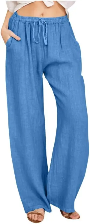 Linen Pants Women 2025 Summer Beach Lounge Palazzo Trousers Loose Elastic Plus Size Drawstring with Pockets Pants