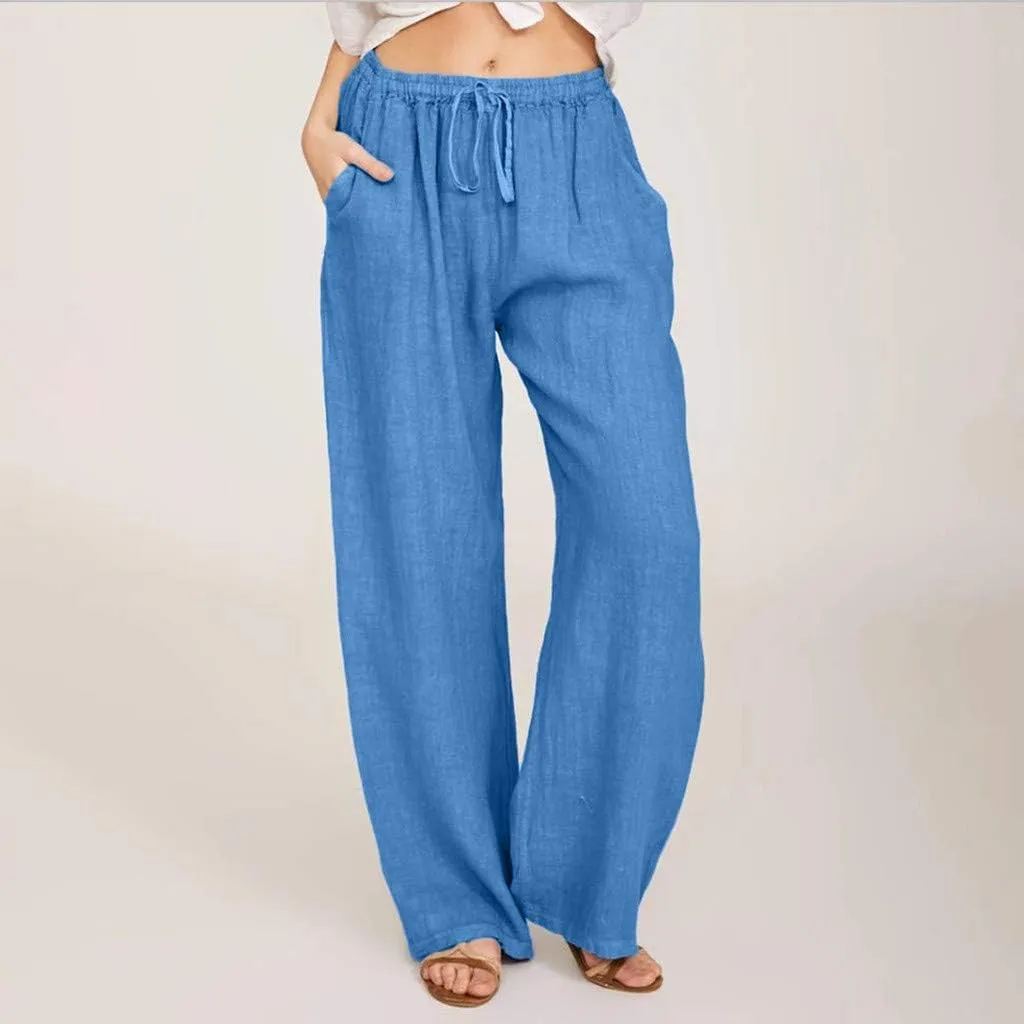 Linen Pants Women 2025 Summer Beach Lounge Palazzo Trousers Loose Elastic Plus Size Drawstring with Pockets Pants