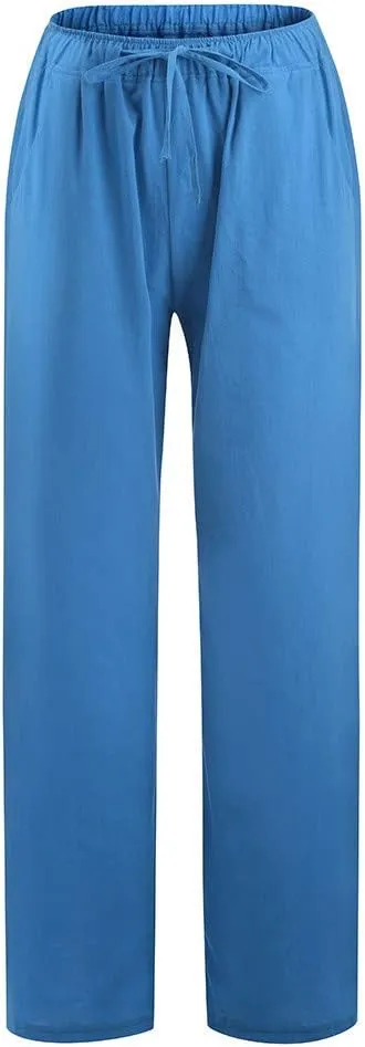 Linen Pants Women 2025 Summer Beach Lounge Palazzo Trousers Loose Elastic Plus Size Drawstring with Pockets Pants