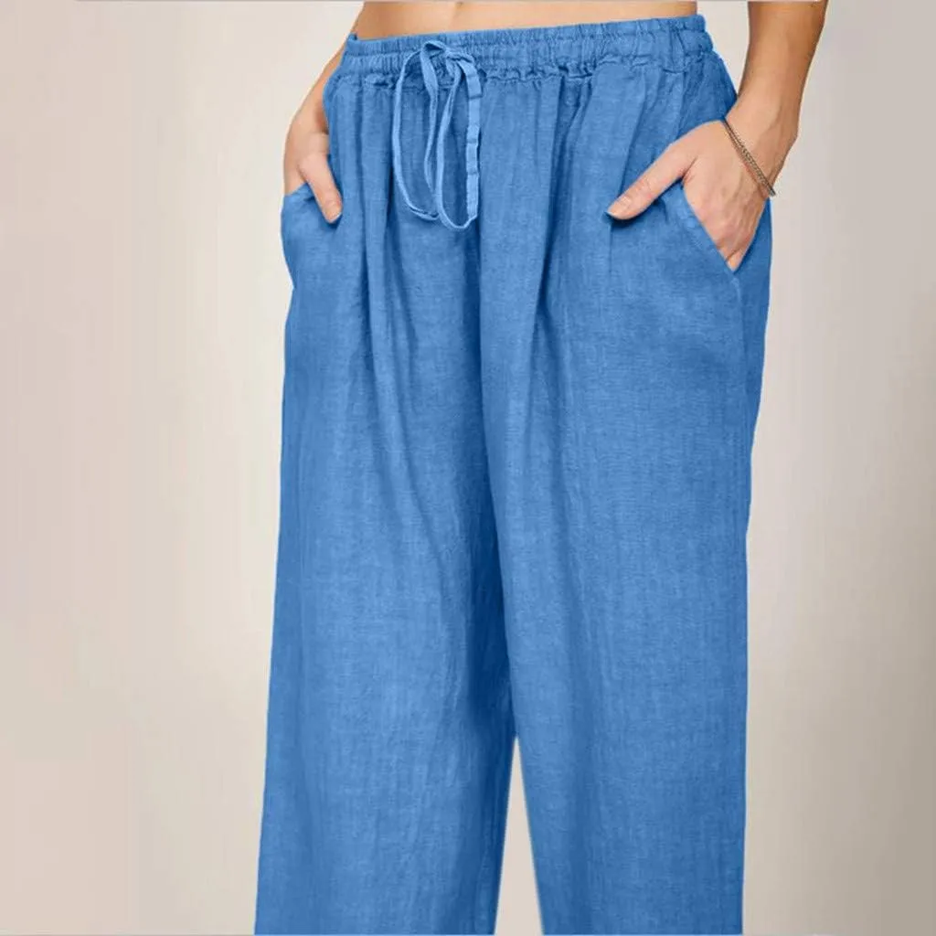 Linen Pants Women 2025 Summer Beach Lounge Palazzo Trousers Loose Elastic Plus Size Drawstring with Pockets Pants