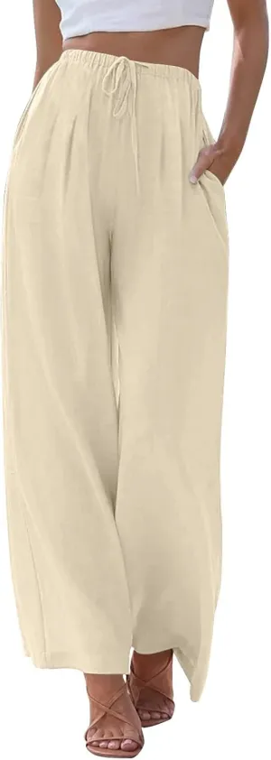 Linen Pants Women,Casual Pants Trendy Wide Leg High Waisted Cotton Linen Drawstring Summer Trouser with Pockets