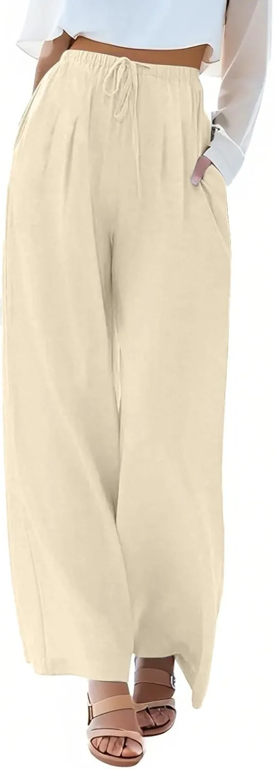 Linen Pants Women,Casual Pants Trendy Wide Leg High Waisted Cotton Linen Drawstring Summer Trouser with Pockets