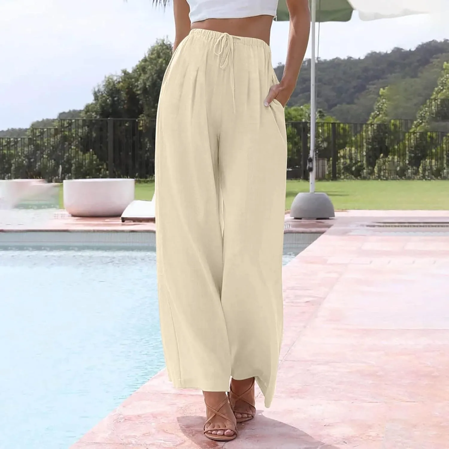 Linen Pants Women,Casual Pants Trendy Wide Leg High Waisted Cotton Linen Drawstring Summer Trouser with Pockets