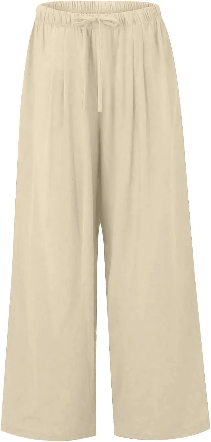 Linen Pants Women,Casual Pants Trendy Wide Leg High Waisted Cotton Linen Drawstring Summer Trouser with Pockets
