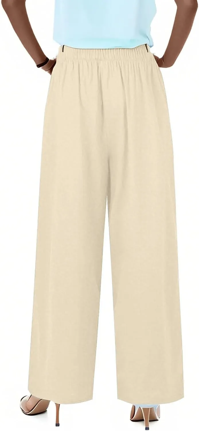 Linen Pants Women,Casual Pants Trendy Wide Leg High Waisted Cotton Linen Drawstring Summer Trouser with Pockets