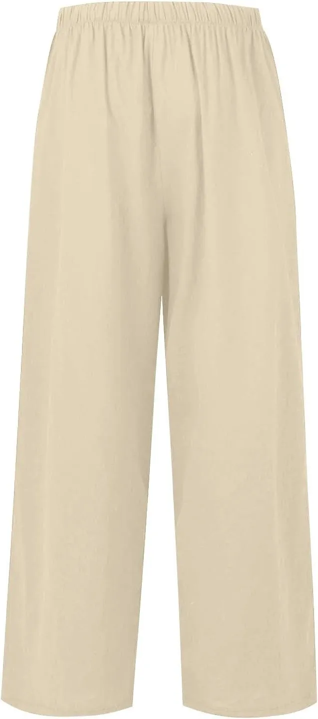 Linen Pants Women,Casual Pants Trendy Wide Leg High Waisted Cotton Linen Drawstring Summer Trouser with Pockets