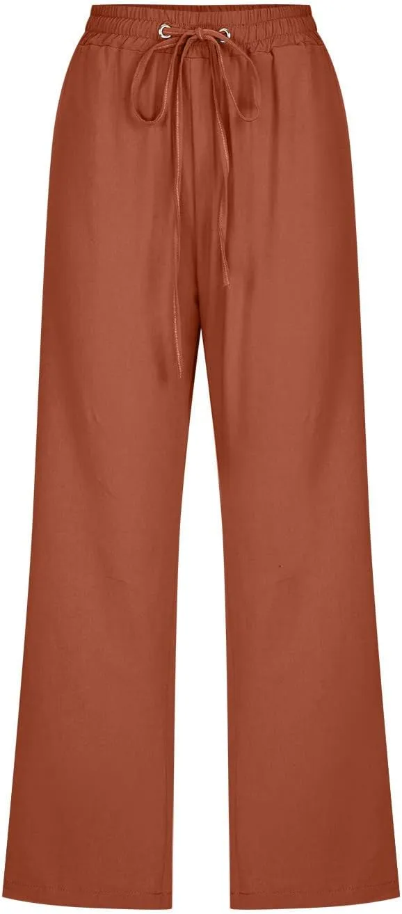 LRMQS Capri Pants for Women Casual Summer 2024 Drawstring Capris Linen Pants Pockets Beach Straight Wide Leg Cropped Trousers
