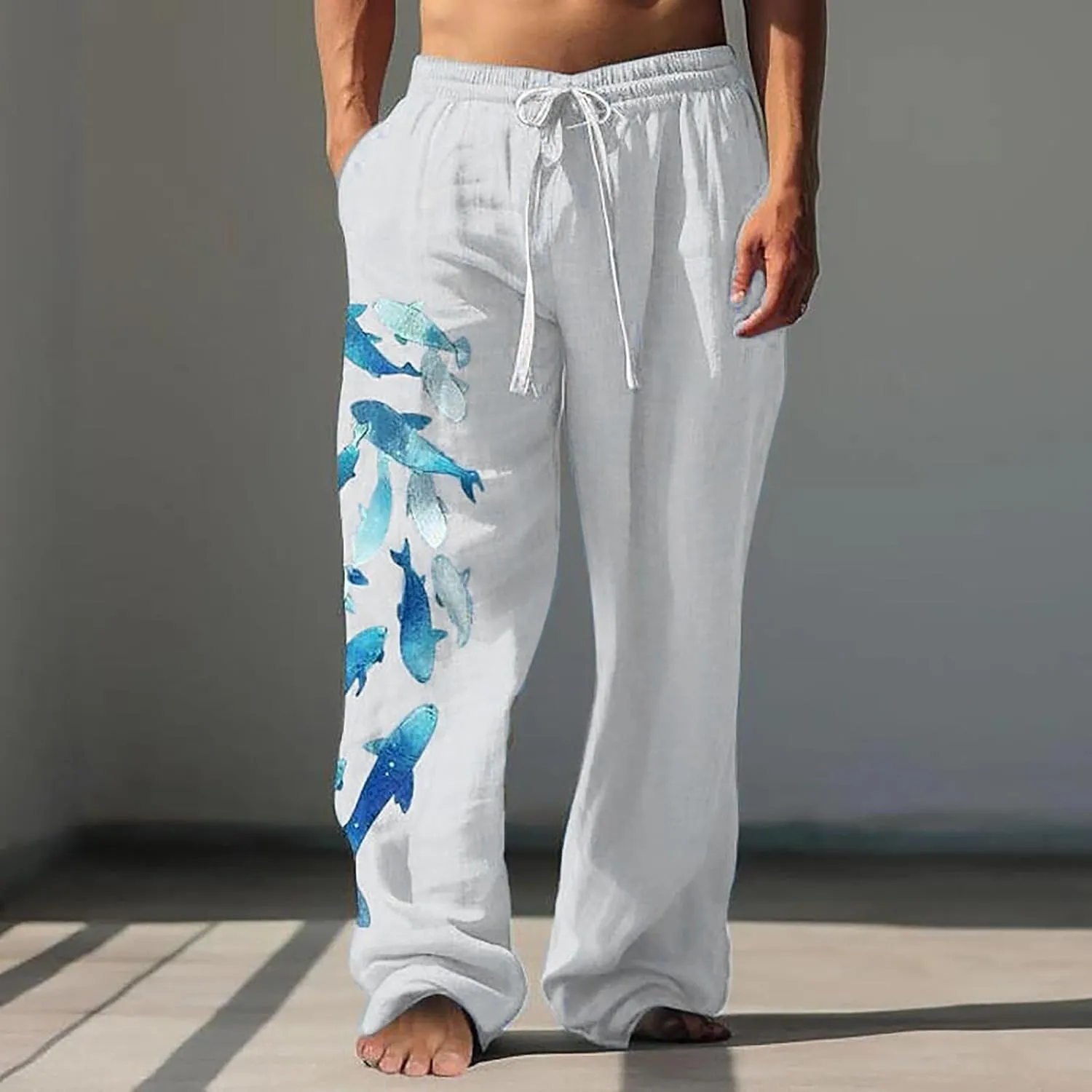 Mens Linen Beach Pants Big and Tall Casual Lounge Drawstring Vacation Print Pants with Pockets Lightweight Trousers