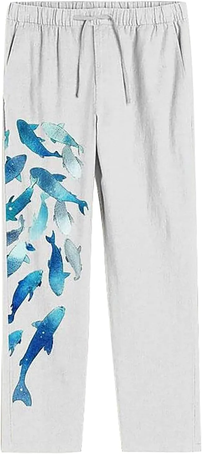 Mens Linen Beach Pants Big and Tall Casual Lounge Drawstring Vacation Print Pants with Pockets Lightweight Trousers