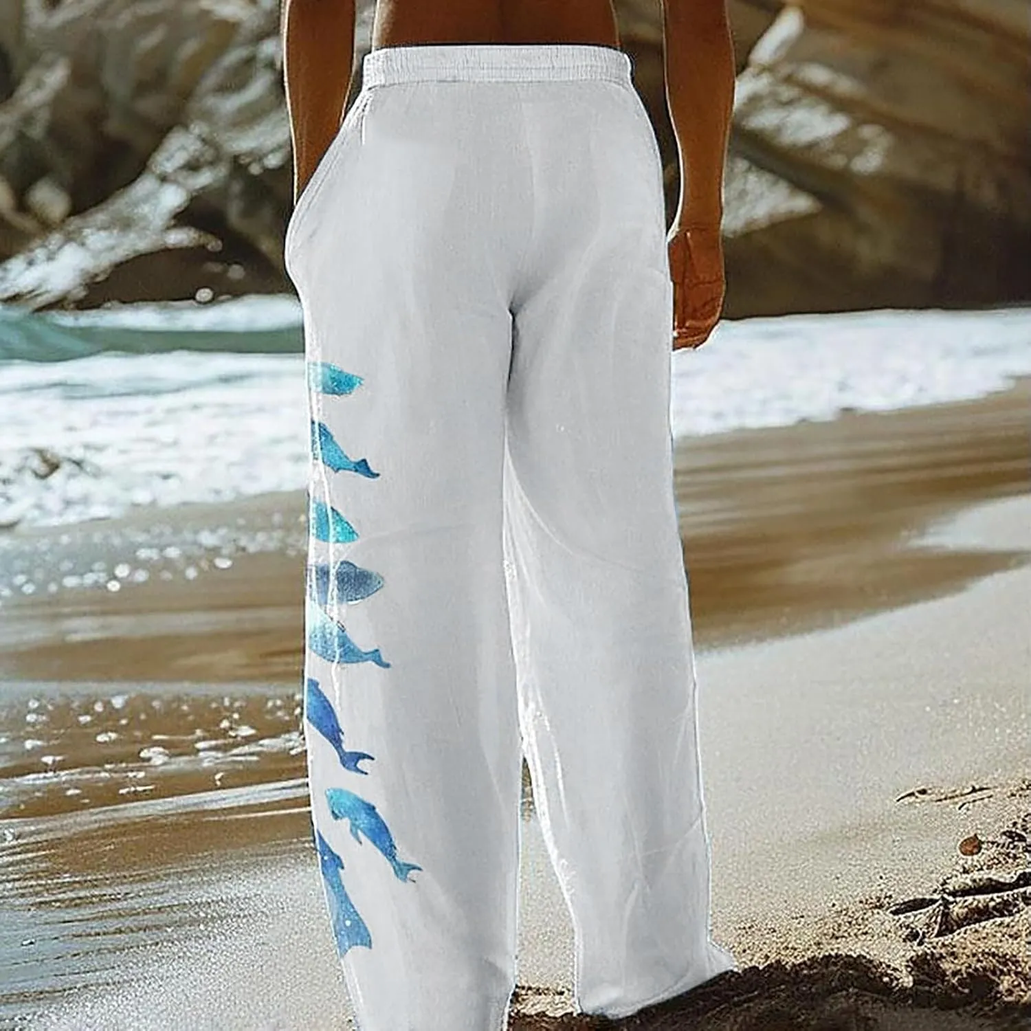 Mens Linen Beach Pants Big and Tall Casual Lounge Drawstring Vacation Print Pants with Pockets Lightweight Trousers
