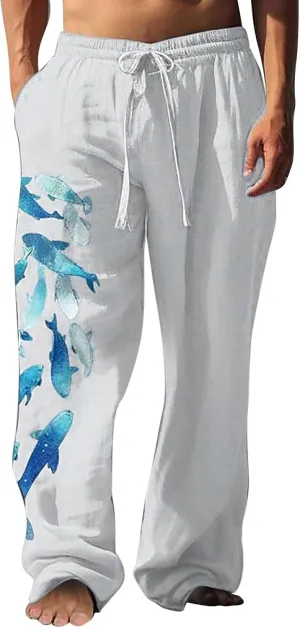 Mens Linen Beach Pants Big and Tall Casual Lounge Drawstring Vacation Print Pants with Pockets Lightweight Trousers