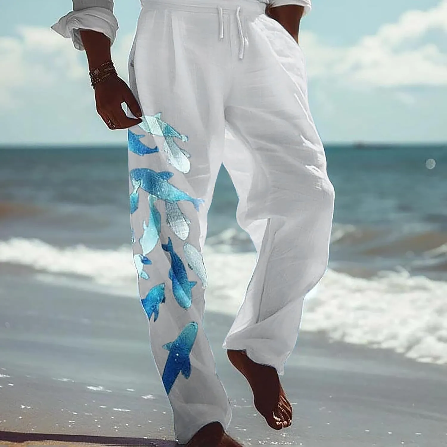 Mens Linen Beach Pants Big and Tall Casual Lounge Drawstring Vacation Print Pants with Pockets Lightweight Trousers