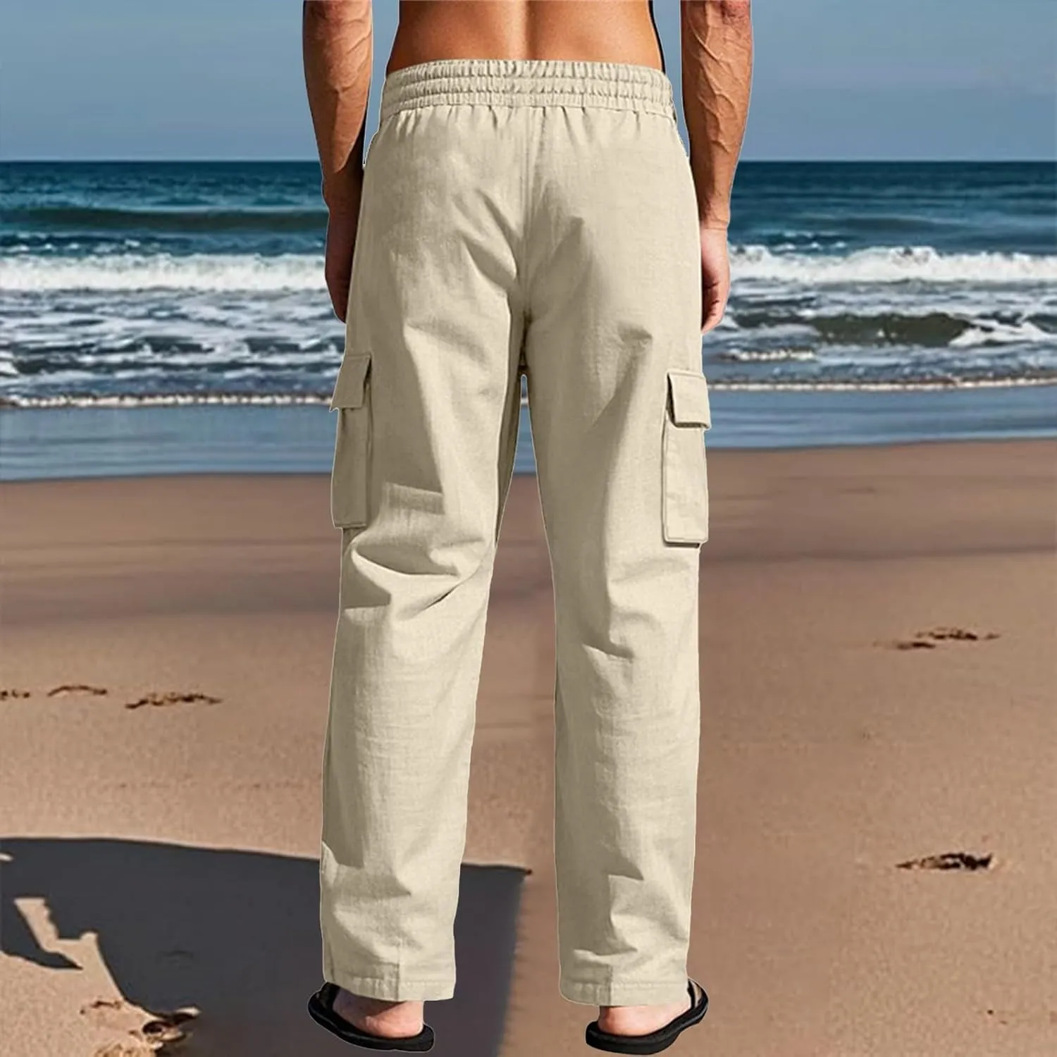 Mens Linen Cargo Pants Summer Vacation Lightweight Drawstring Pant Elastic Waist Beach Yoga Trousers with Pockets