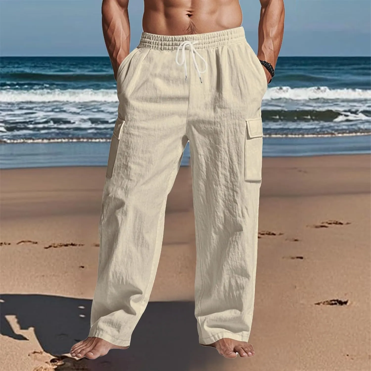 Mens Linen Cargo Pants Summer Vacation Lightweight Drawstring Pant Elastic Waist Beach Yoga Trousers with Pockets
