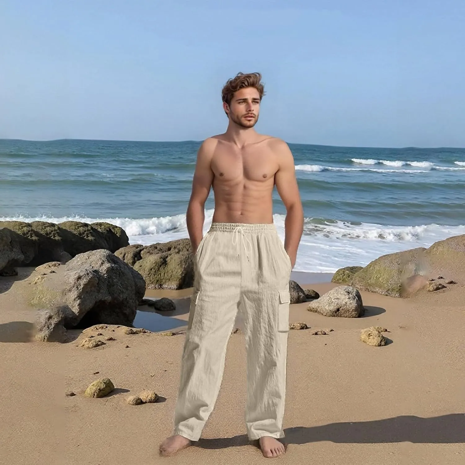 Mens Linen Cargo Pants Summer Vacation Lightweight Drawstring Pant Elastic Waist Beach Yoga Trousers with Pockets