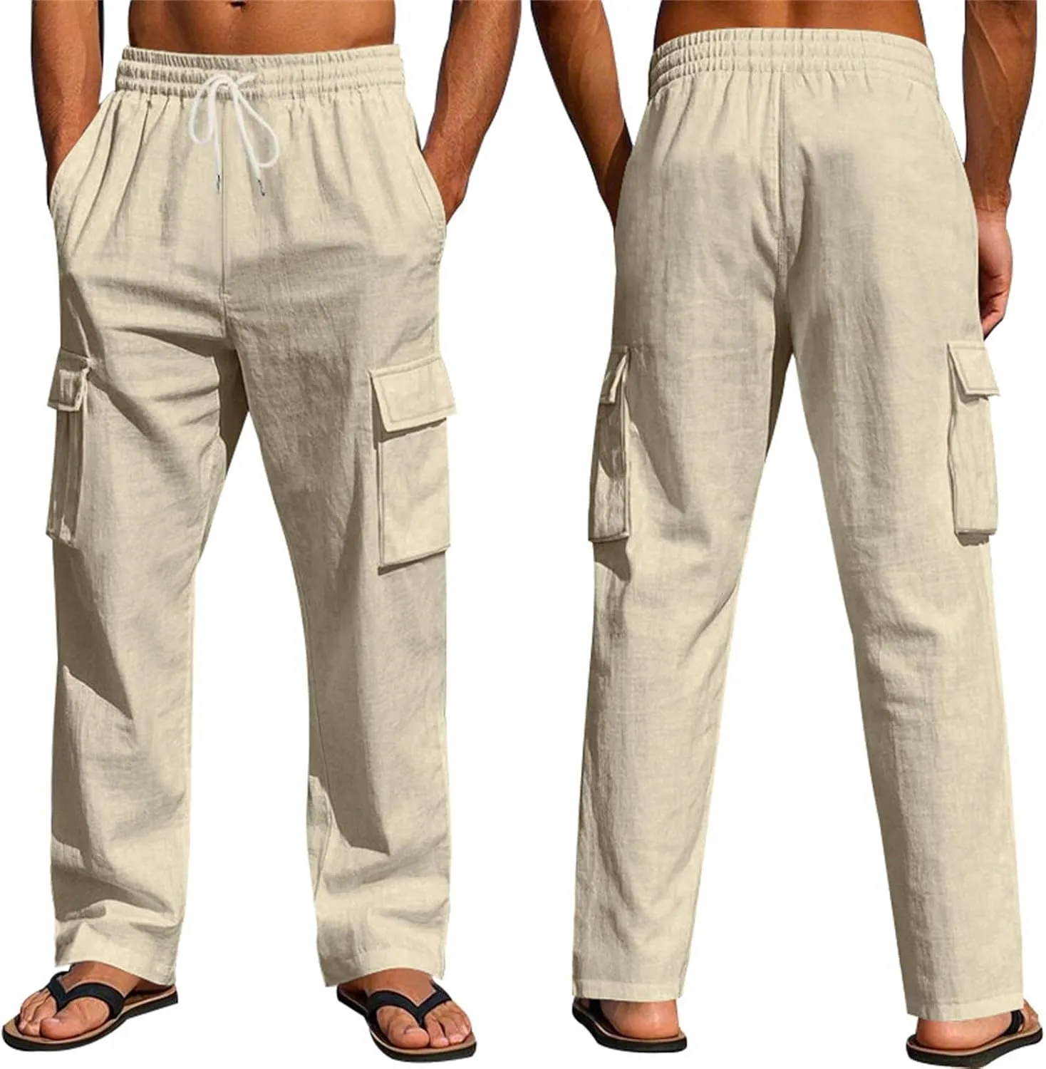 Mens Linen Cargo Pants Summer Vacation Lightweight Drawstring Pant Elastic Waist Beach Yoga Trousers with Pockets
