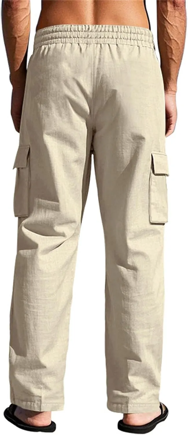 Mens Linen Cargo Pants Summer Vacation Lightweight Drawstring Pant Elastic Waist Beach Yoga Trousers with Pockets
