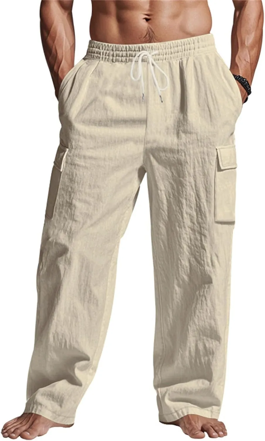 Mens Linen Cargo Pants Summer Vacation Lightweight Drawstring Pant Elastic Waist Beach Yoga Trousers with Pockets
