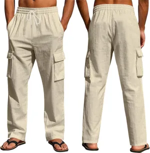 Mens Linen Cargo Pants Summer Vacation Lightweight Drawstring Pant Elastic Waist Beach Yoga Trousers with Pockets