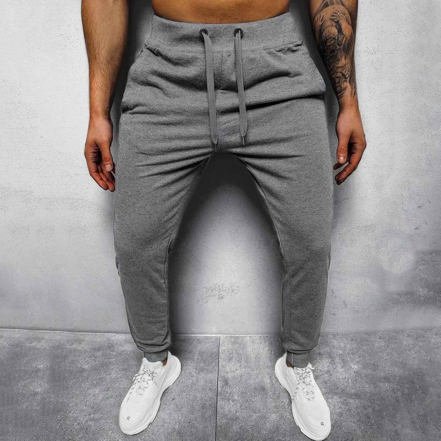 Men's Sweatpants Fleece Warm Joggers Elastic Waist Lace Up Pants Fashion Casual Lightweight Slim Fit Pockets Trousers