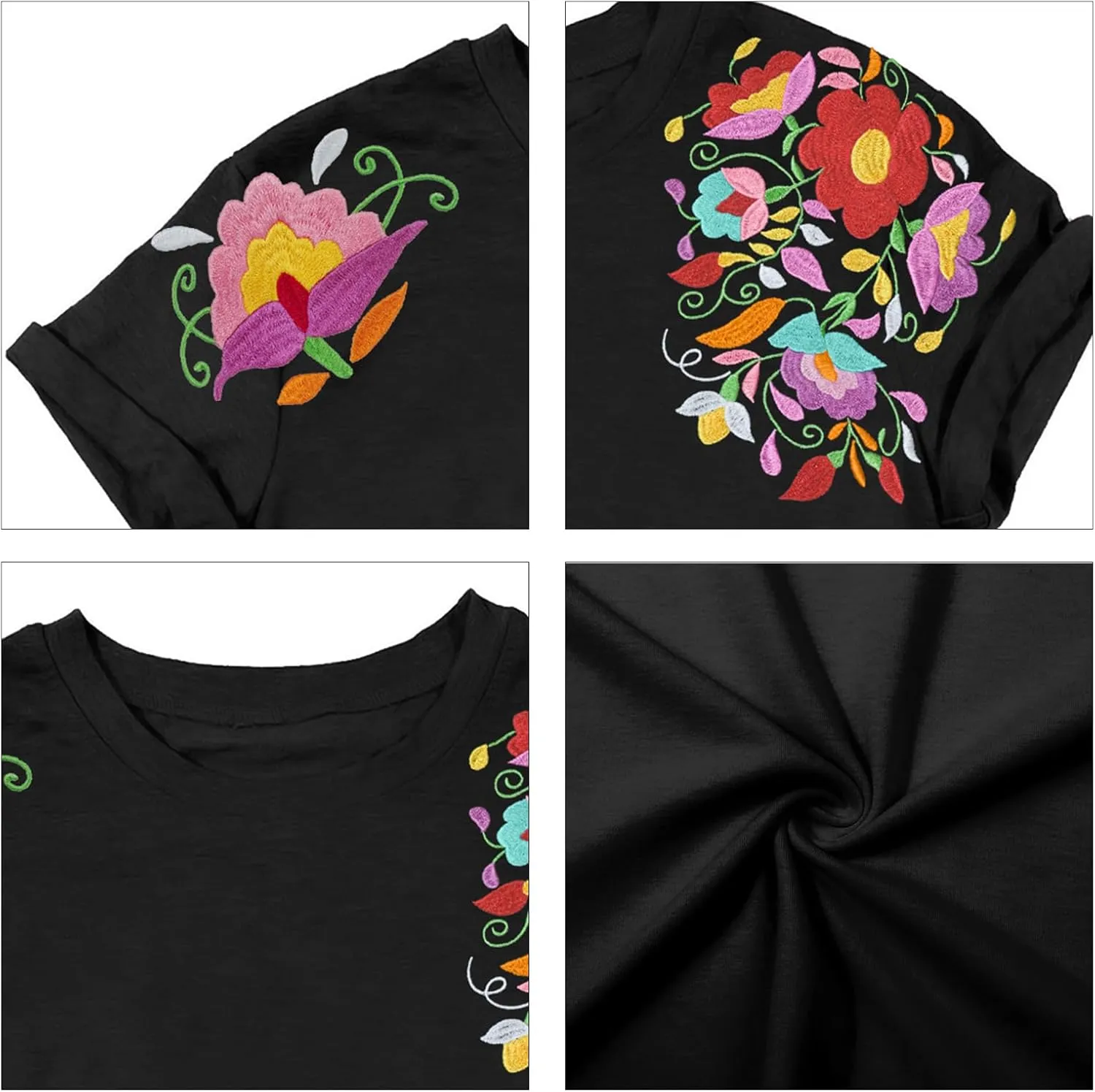 Mexican Shirts for Women: Floral Embroidered T-Shirt Cinco De Mayo Tees Mexico Fiesta Tops Casual Boho Tunic