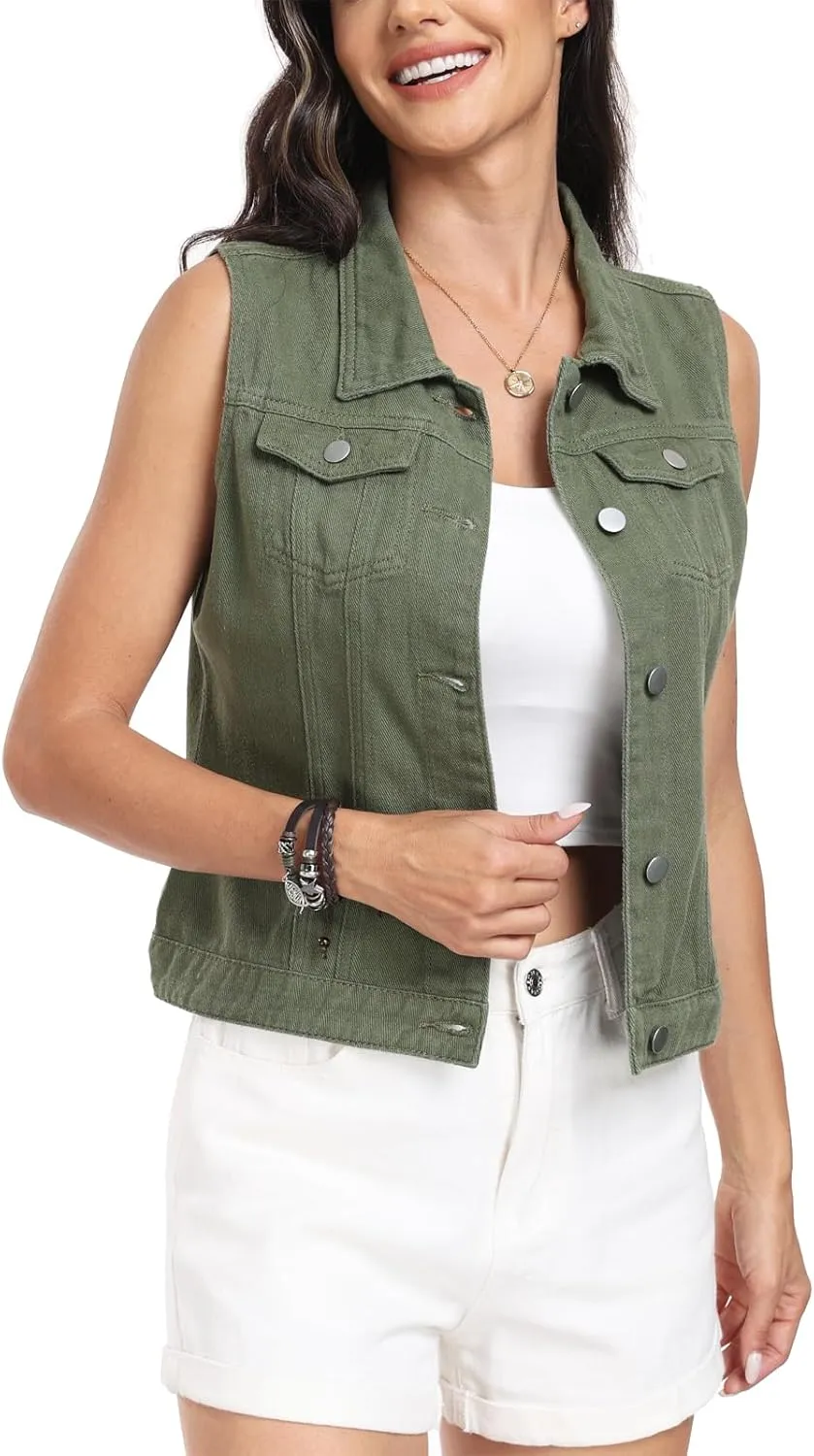MISS MOLY Women's Denim Vest Cropped Classic Sleeveless Jean Vest Jackets With Flap Pockets