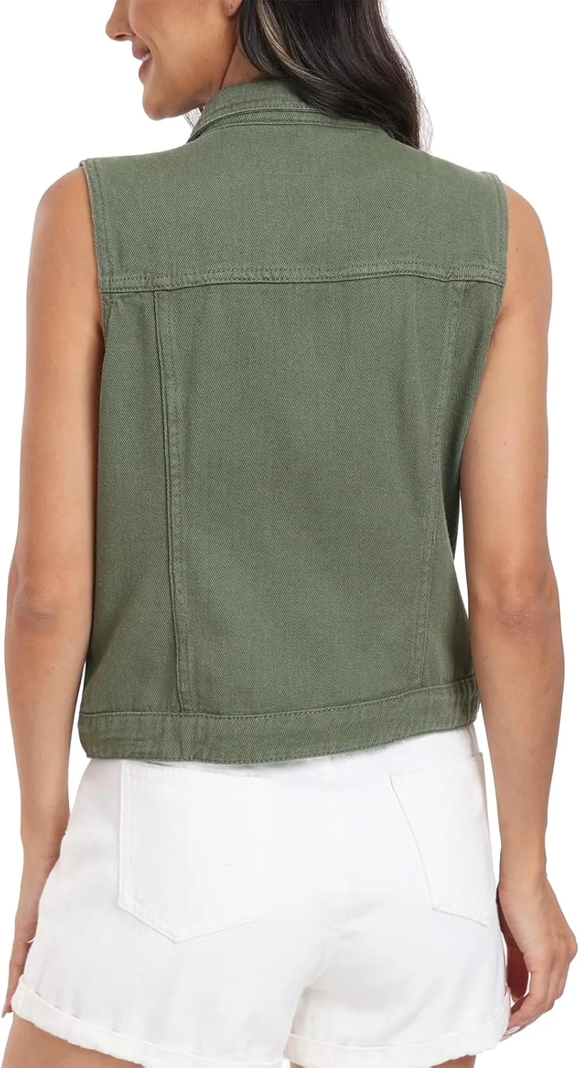 MISS MOLY Women's Denim Vest Cropped Classic Sleeveless Jean Vest Jackets With Flap Pockets