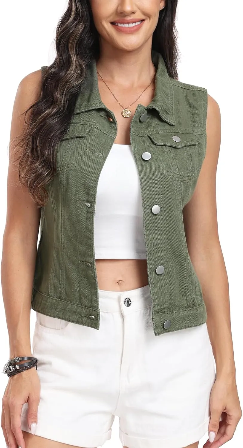 MISS MOLY Women's Denim Vest Cropped Classic Sleeveless Jean Vest Jackets With Flap Pockets