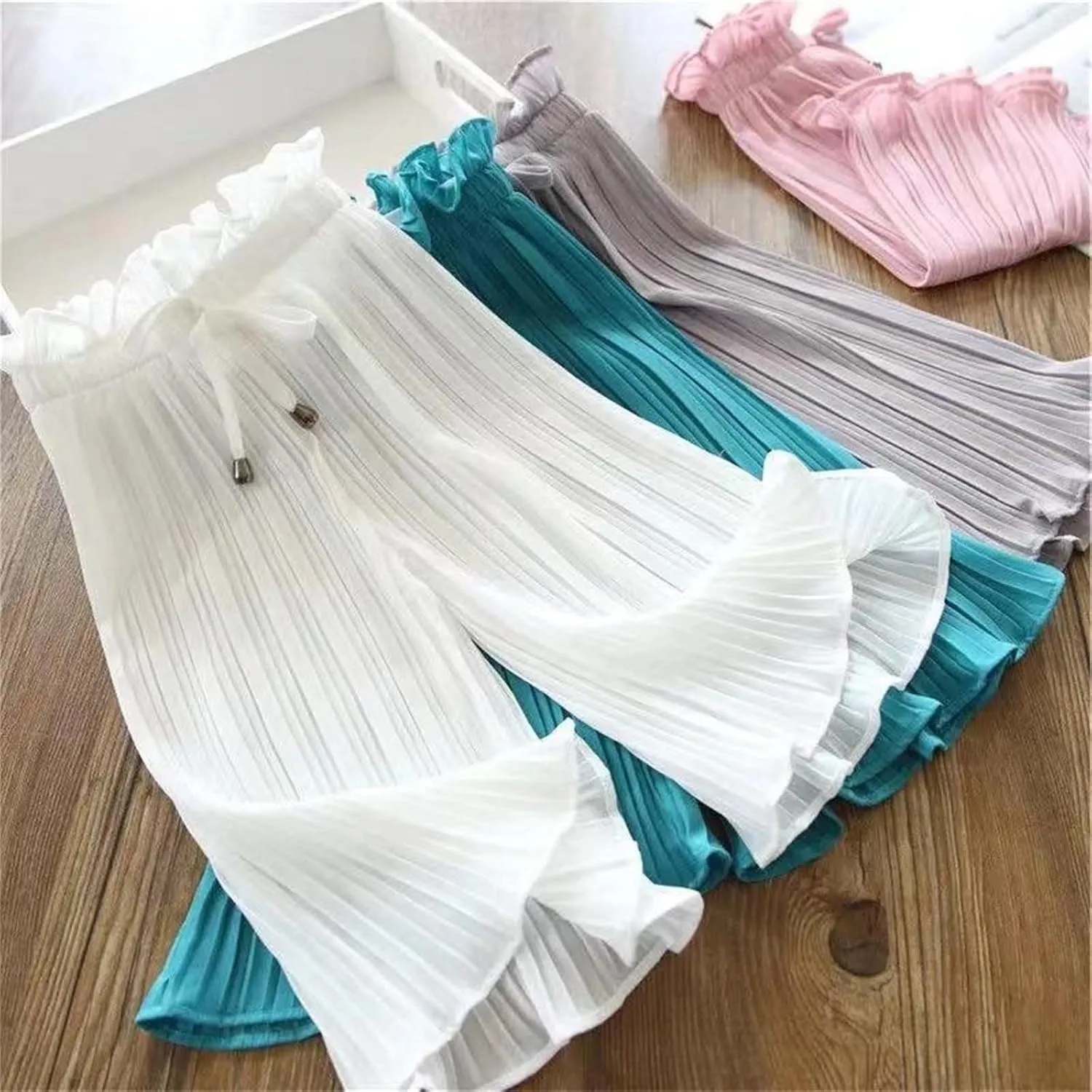 Moonker Toddler Girls Linen Wide Leg Pants Baggy Drawstin Elastic Waist Casual Ruffle Trousers Summer Gradient