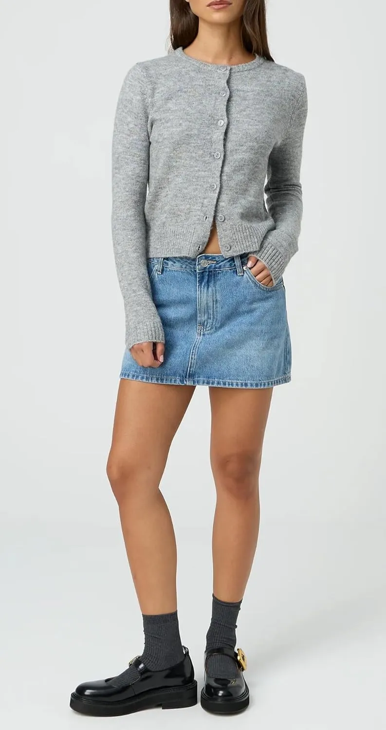 NUFIWI Women Retro Denim Skirt Low Rise Casual Mini Jean Skirts Low Waisted Button Front Short Cargo Skirt with Pockets