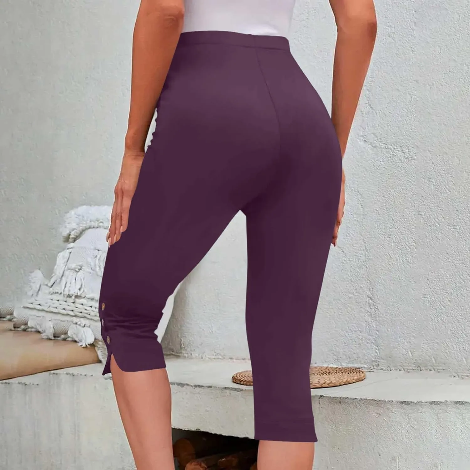 Oplxuo Capri Pants for Women Casual Summer Dressy Pull On Stretch High Waisted Buttons Slit Bottom Crop Work Leggings