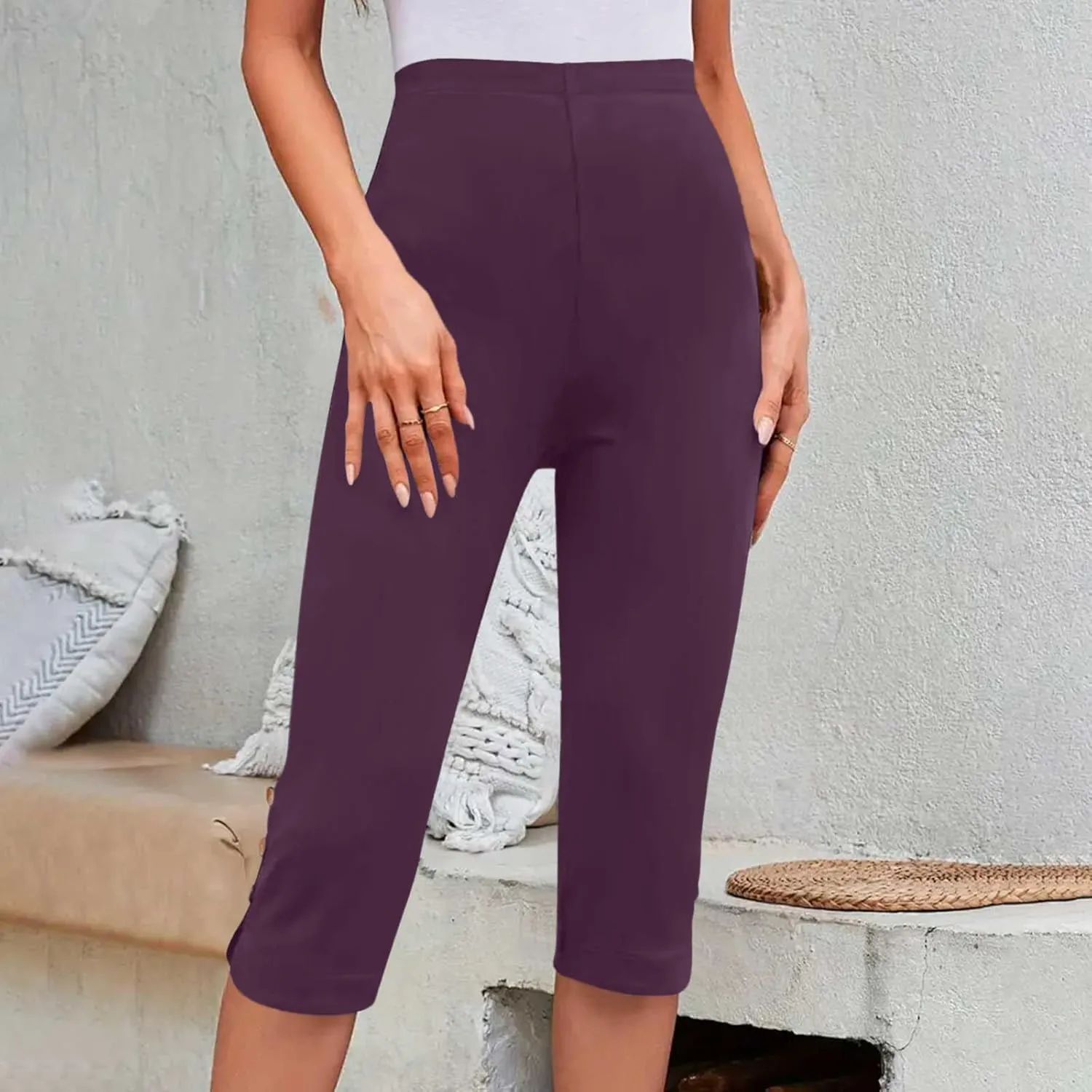 Oplxuo Capri Pants for Women Casual Summer Dressy Pull On Stretch High Waisted Buttons Slit Bottom Crop Work Leggings