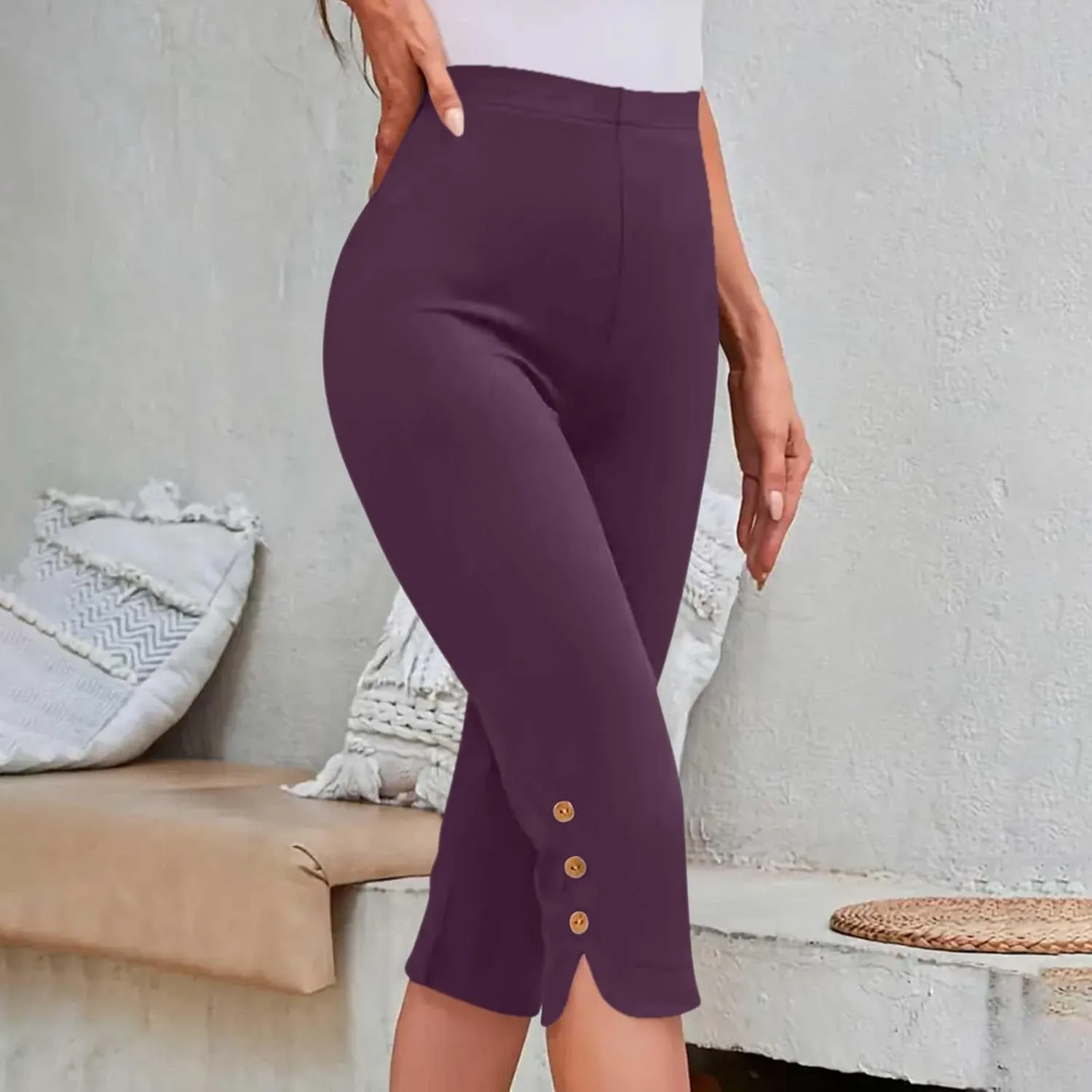 Oplxuo Capri Pants for Women Casual Summer Dressy Pull On Stretch High Waisted Buttons Slit Bottom Crop Work Leggings
