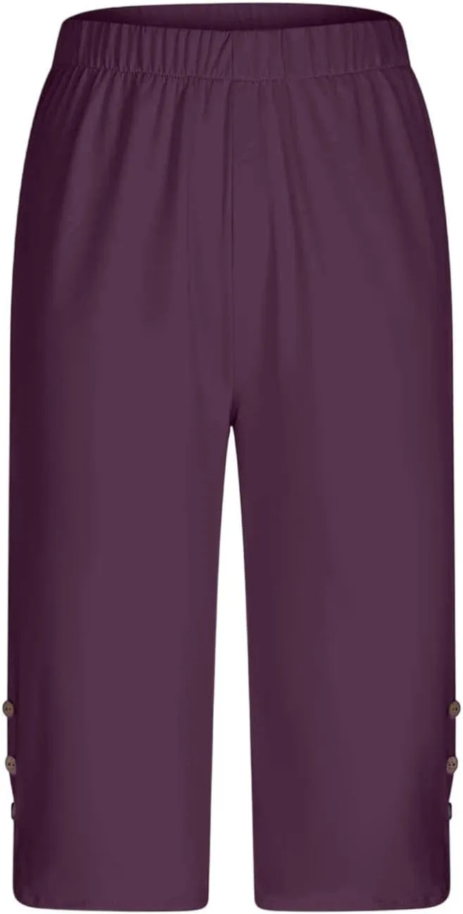 Oplxuo Capri Pants for Women Casual Summer Dressy Pull On Stretch High Waisted Buttons Slit Bottom Crop Work Leggings