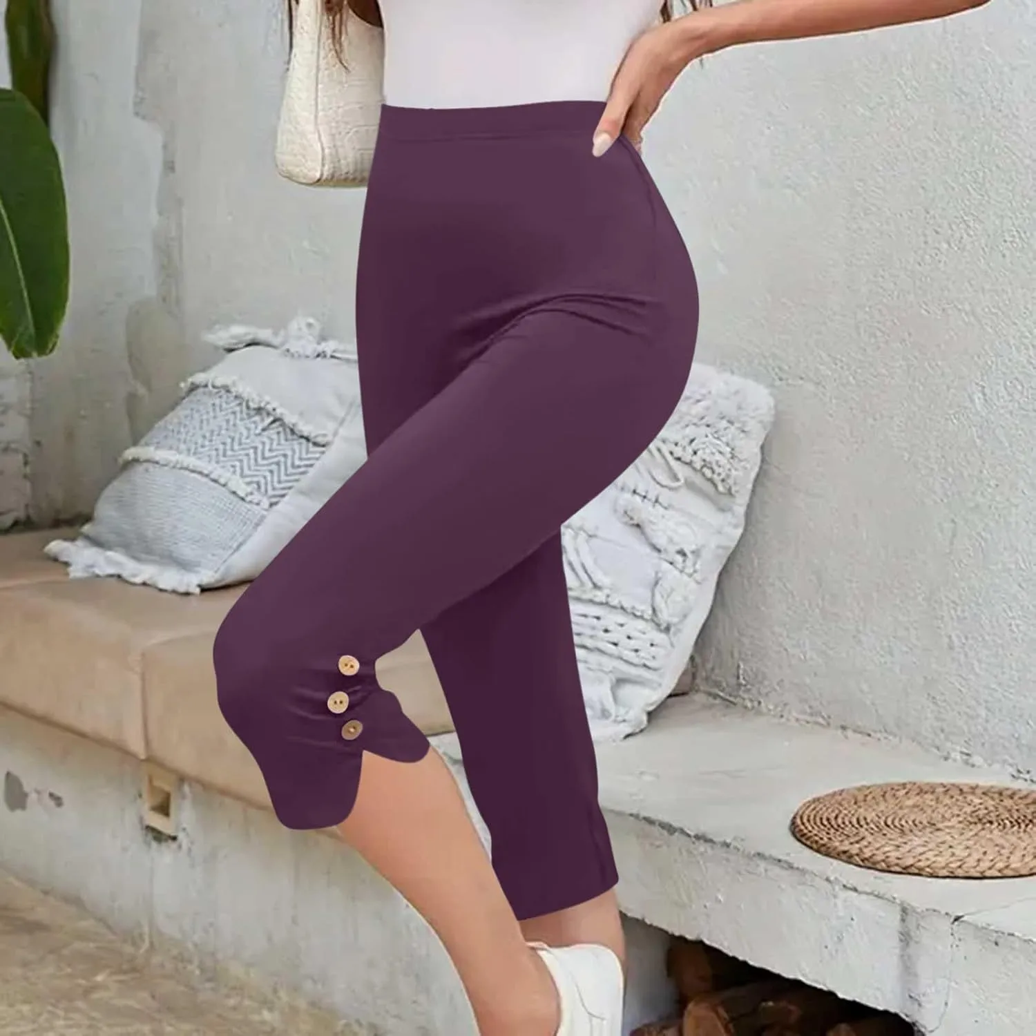 Oplxuo Capri Pants for Women Casual Summer Dressy Pull On Stretch High Waisted Buttons Slit Bottom Crop Work Leggings